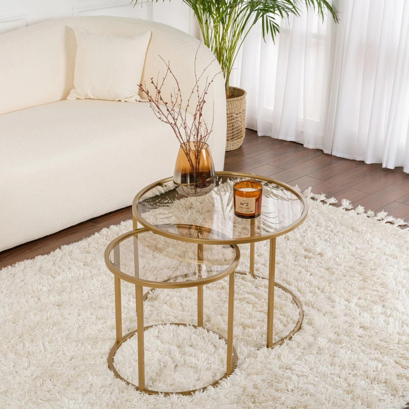 Moderne Runde Couchtisch 2er-Set Uru Gold - Bronze Glas - 60/42 cm
