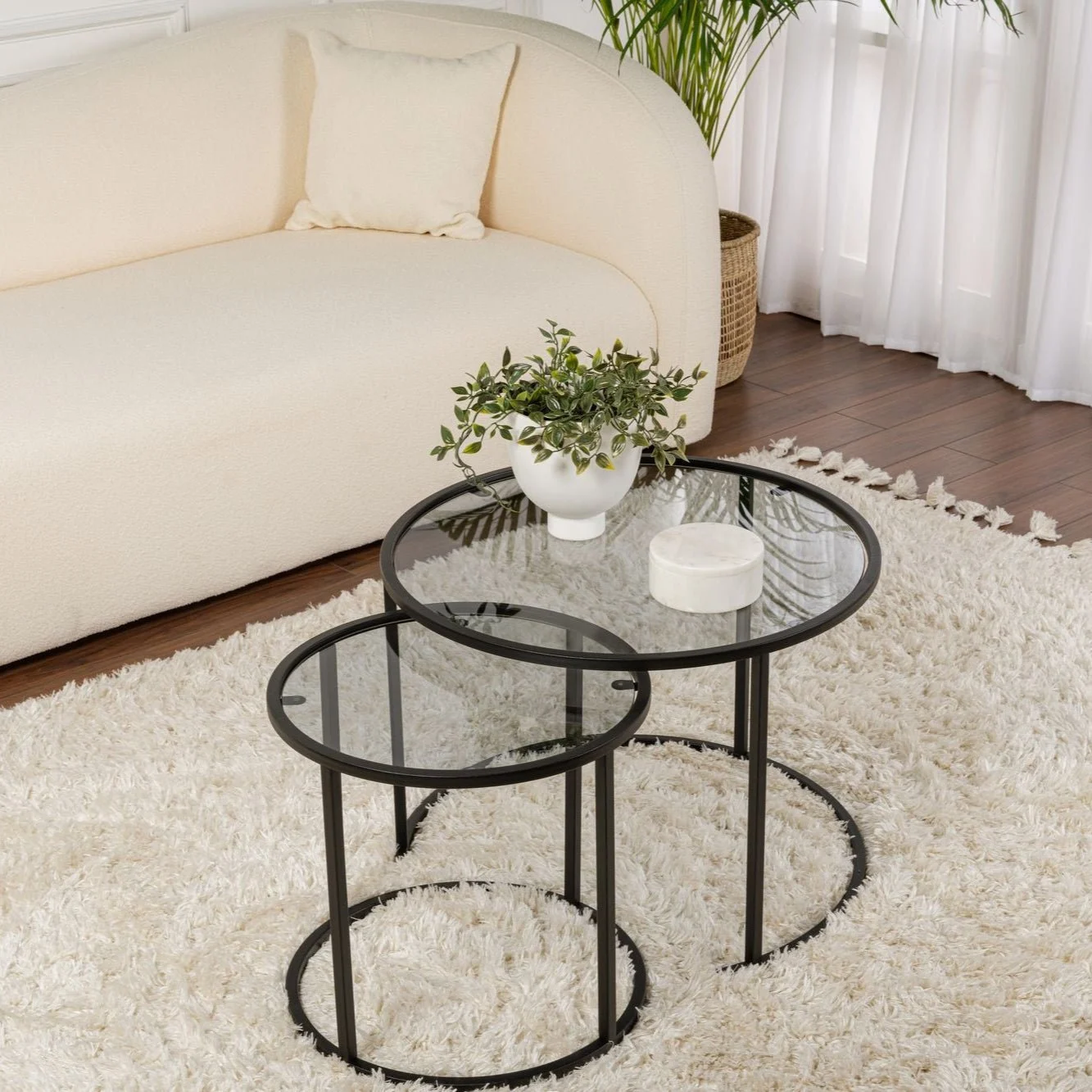 Moderne Runde Couchtisch 2er-Set Uru Schwarz - Graues Glas - 60/42 cm