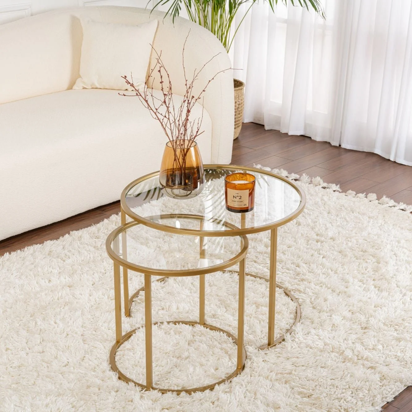 Moderne Runde Couchtisch 2er-Set Uru Gold - Transparentes Glas - 60/42 cm