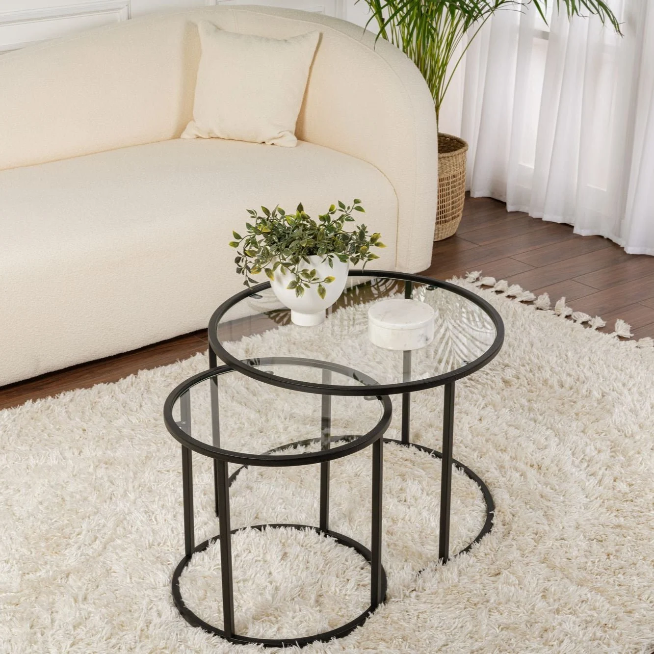 Moderne Runde Couchtisch 2er-Set Uru Schwarz - Transparentes Glas - 60/42 cm