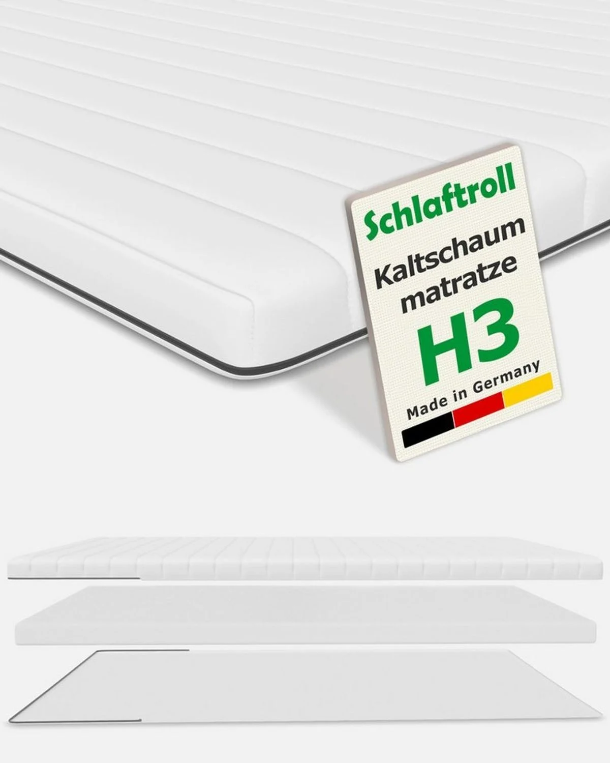 Kaltschaummatratze mit Härtegrad H3, OEKO-TEX® Standard 100 Zertifikatsnummer 13.0.33723, Schlaftroll, 11 cm hoch, verfügbar in 90x200 cm, 140x200 cm, 180x200 cm und weiteren Größen