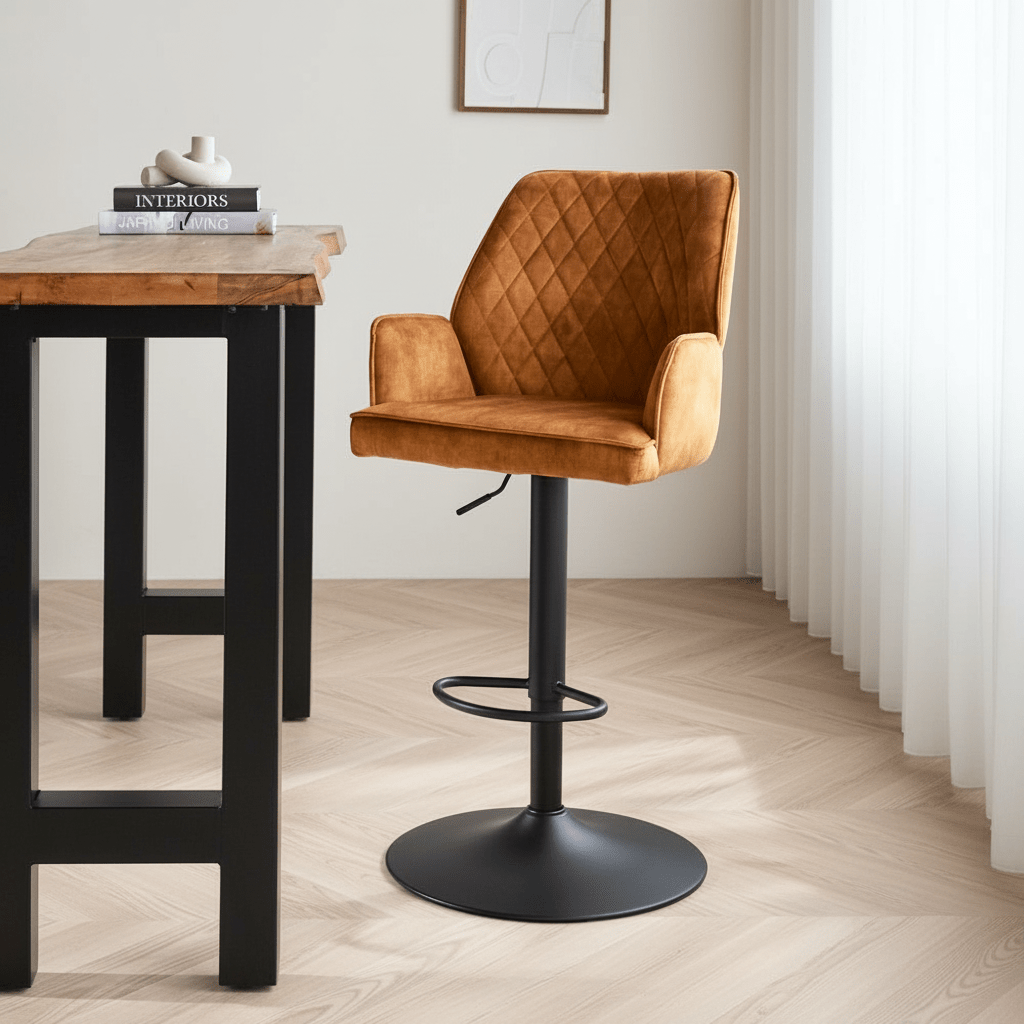 Drehbar Barhocker Samt Cognac Novan – verstellbar – mit Armlehnen
