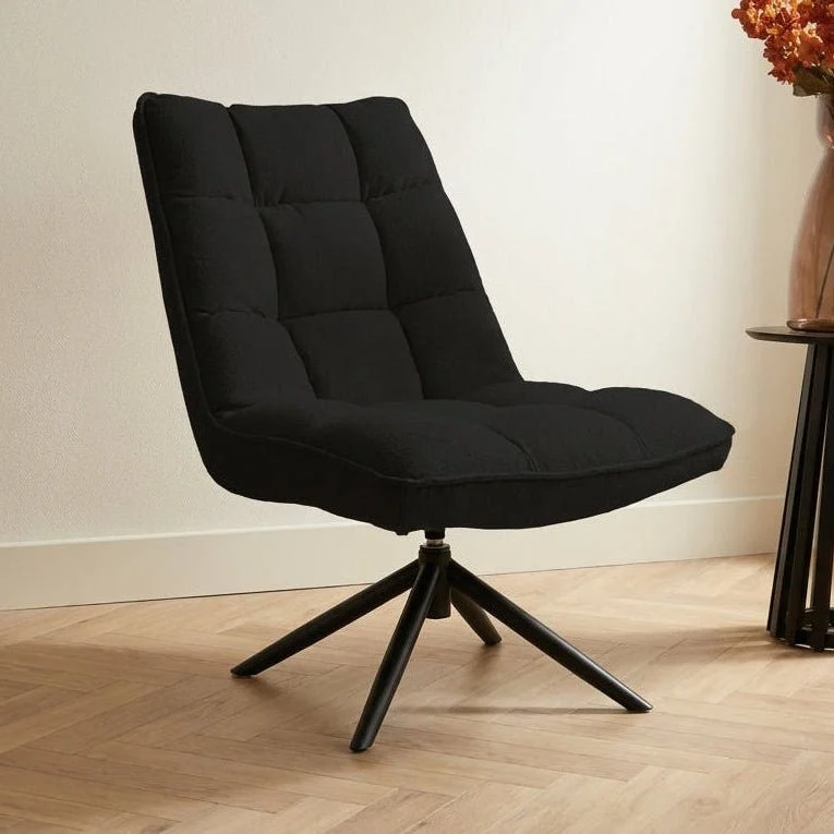 Moderner Drehsessel aus schwarzem Bouclé-Stoff, 360° drehbar Yuki