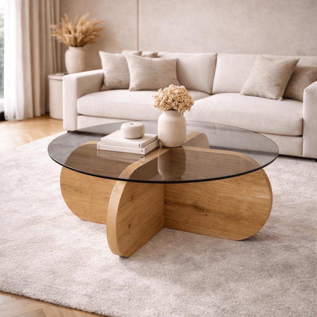 Runder Couchtisch Aris in Eichenoptik, Melamin und Rauchglas, 75 cm