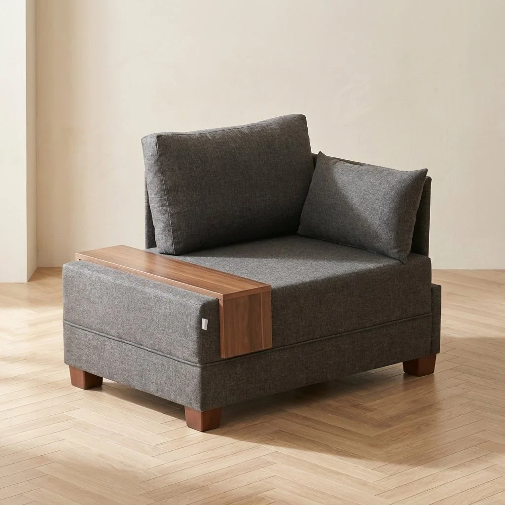 Modern Sessel Anthrazitfarbene Stofffliege – rechts – mit Holztisch