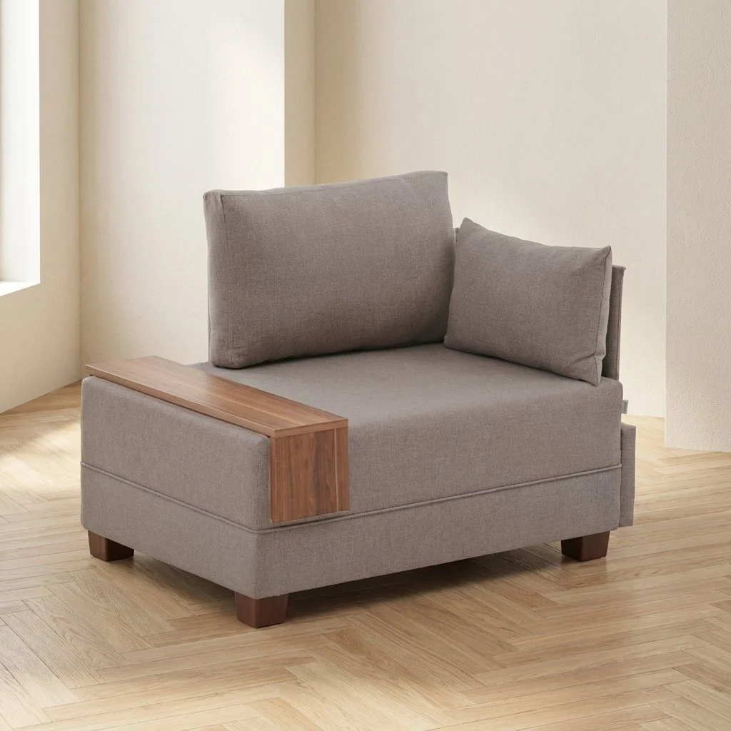 Modern Sessel Beigefarbene Stofffliege – rechts – mit Holztisch