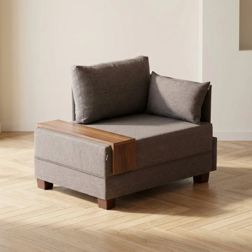 Modern Sessel Braune Stofffliege - rechts - mit Holztisch