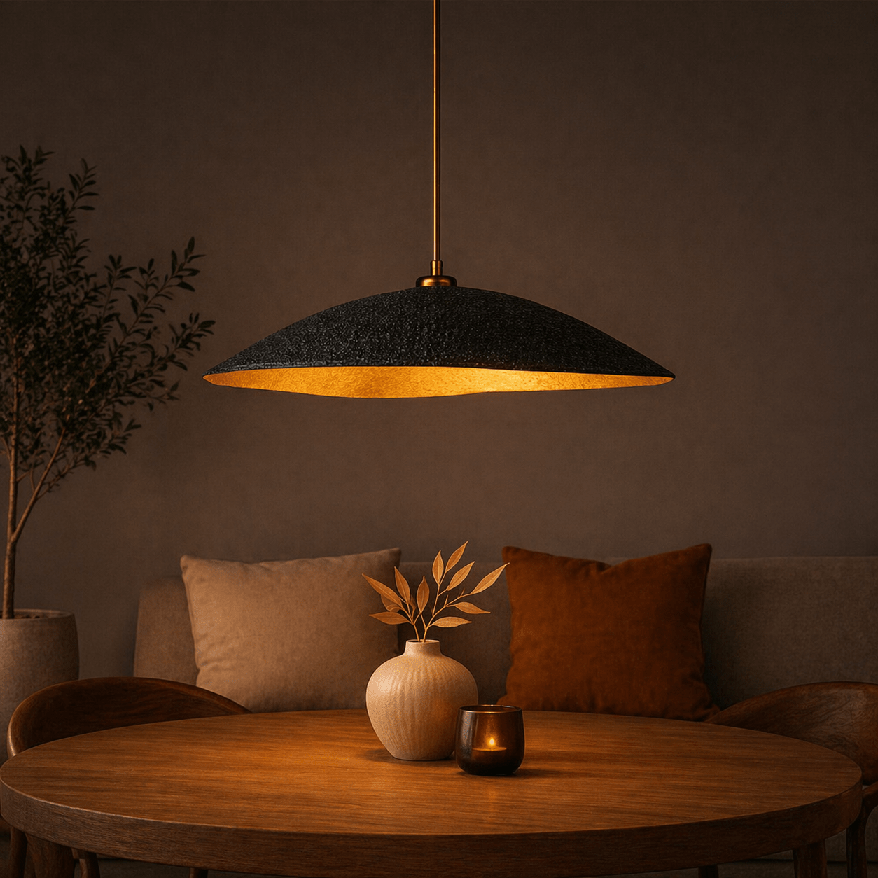 Hängelampe Schwarz mit goldenem Carbon-Betonschirm – 40 cm – Fließend