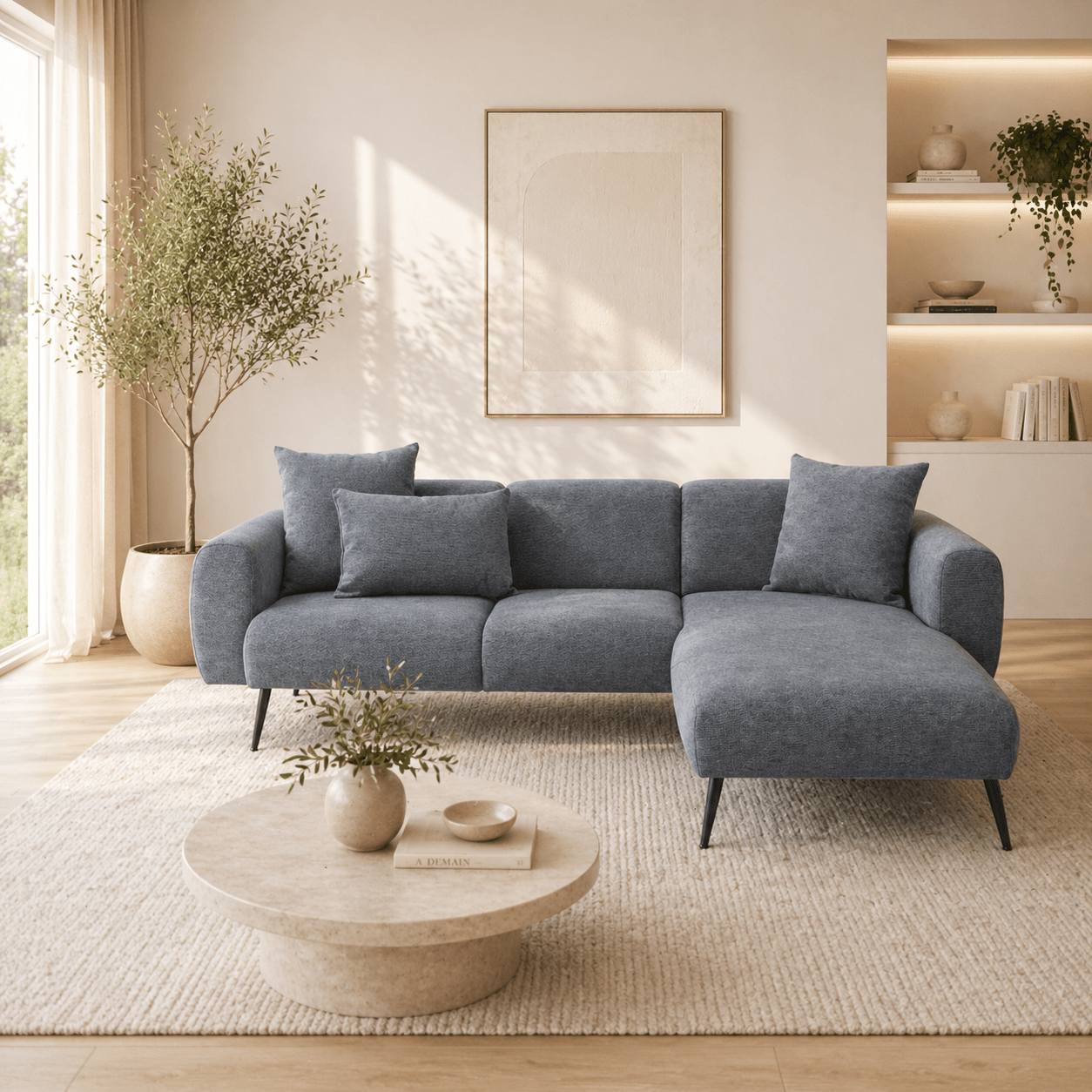 Ecksofa anthrazitfarbener Stoff – hohe, schlanke Beine – solide Innenausstattung – 252 x 155 cm – seitlich