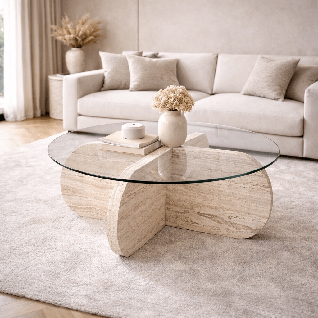 Runder Couchtisch Aris aus Travertin, Melamin und transparentem Glas, 75 cm