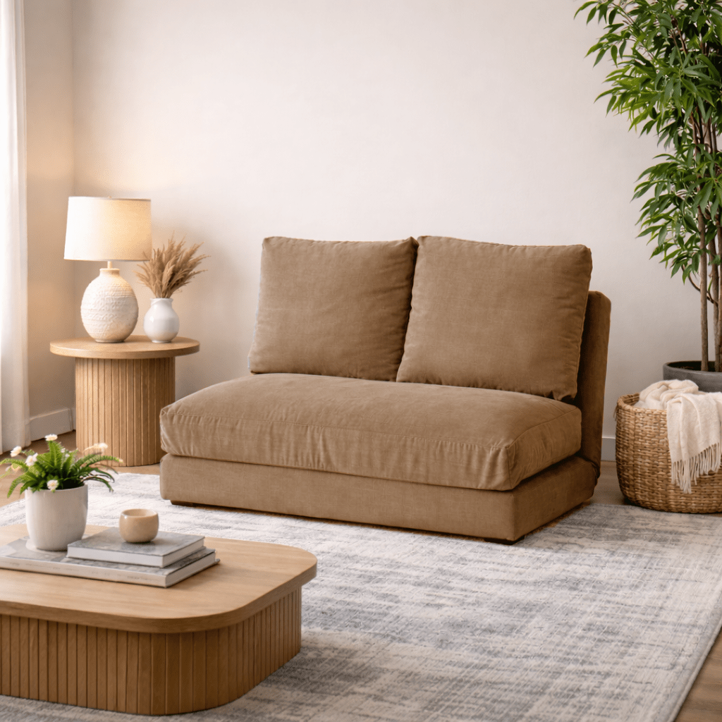 Schlafsofa Japandi 2-Sitzer aus kamelbraunem Stoff – niedrige Rückenlehne und verstellbar – Taida