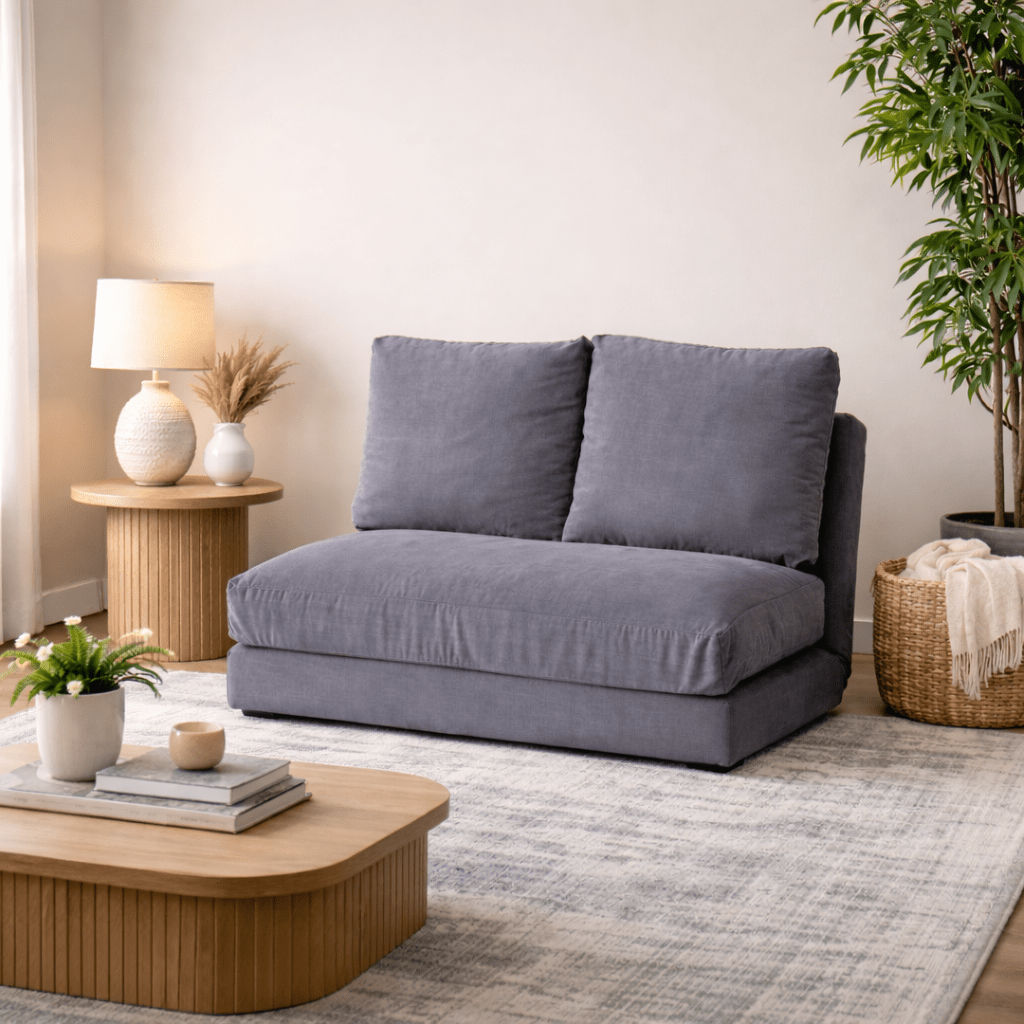 Schlafsofa Japandi-Zweisitzer aus grauem Stoff – niedrige Rückenlehne und verstellbar – Taida