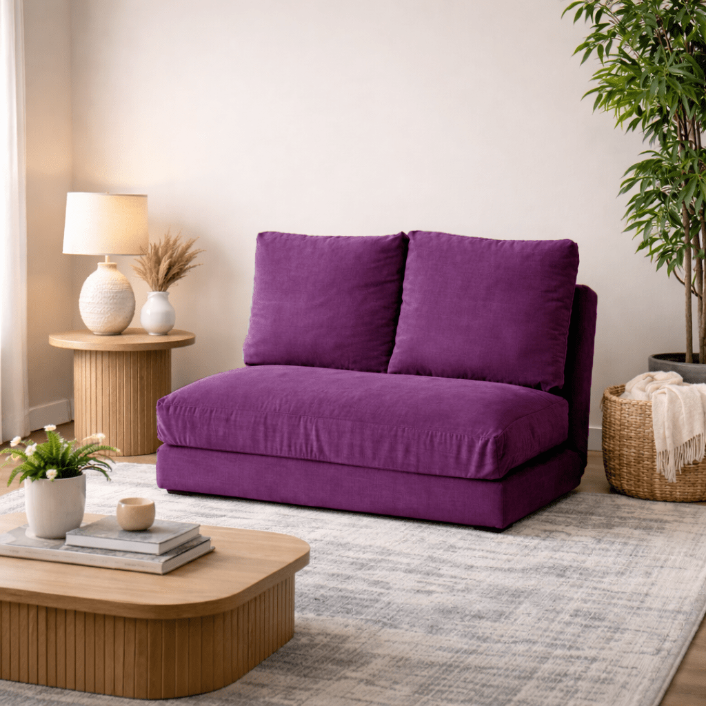 Schlafsofa Japandi-Zweisitzer aus lila Stoff – niedrige Rückenlehne und verstellbar – Taida