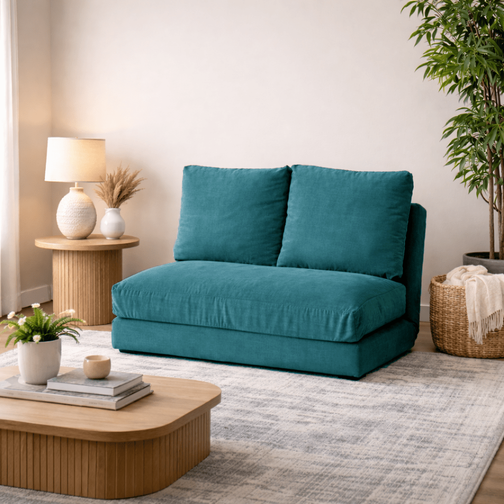 Schlafsofa Japandi 2-Sitzer aus benzinblauem Stoff – niedrige Rückenlehne und verstellbar – Taida