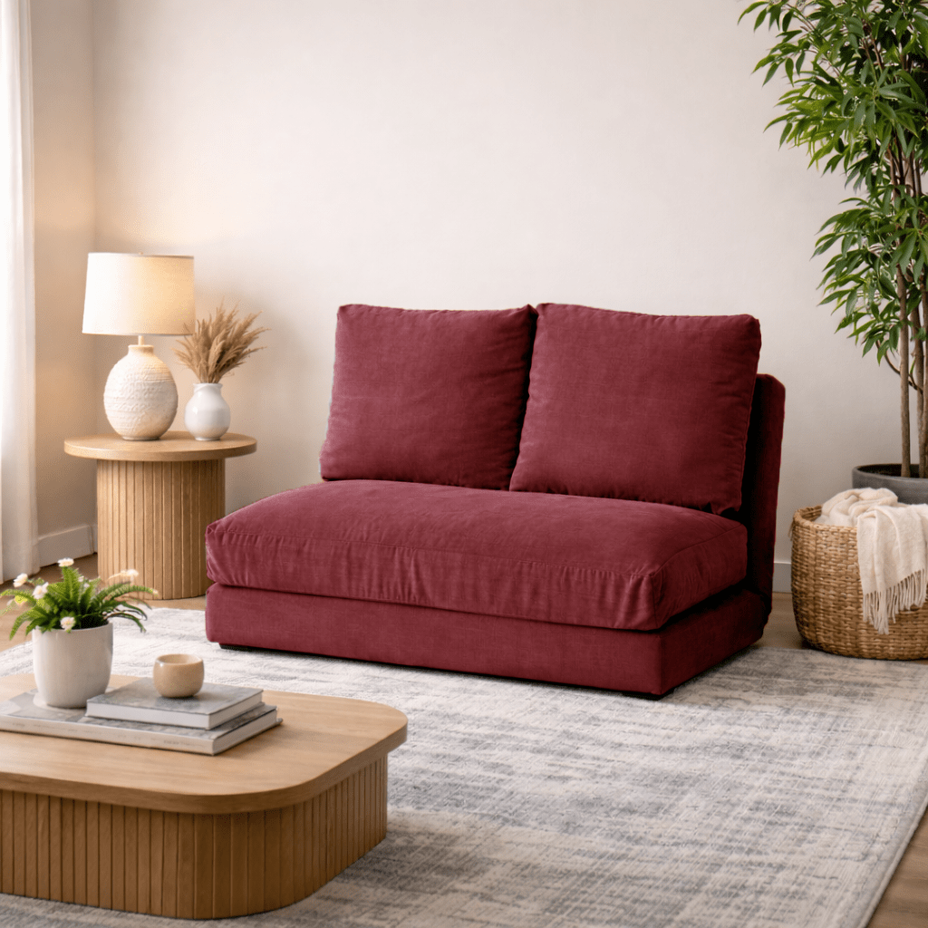Schlafsofa Japandi-Zweisitzer aus rotem Stoff – niedrige Rückenlehne und verstellbar – Taida