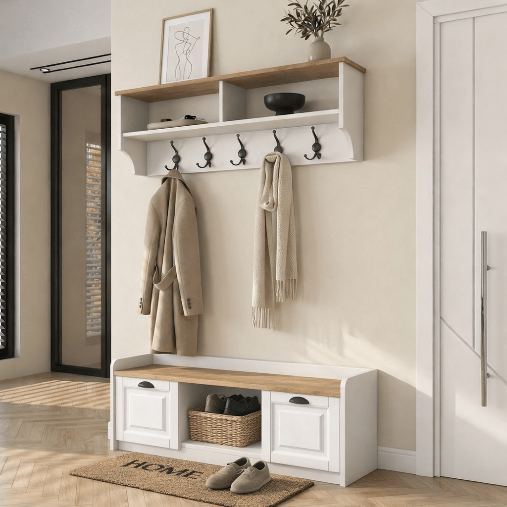 Möbelset Garderobe - Schuhschrank - Melamin Weiß-Eiche - Hally