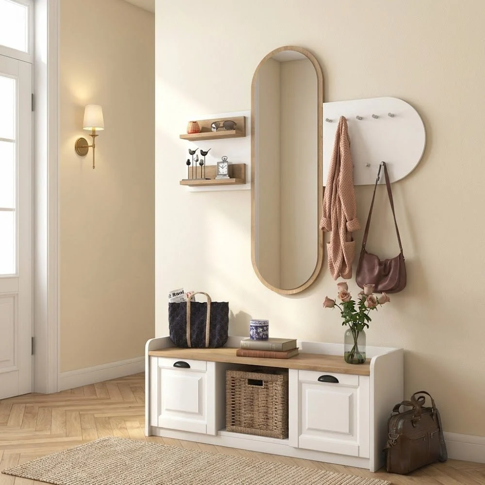 Möbelset Garderobe – Spiegel – Schuhschrank – Weiß-Walnuss-Melamin – Hally