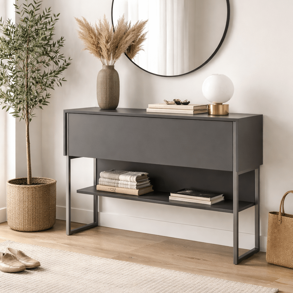 Modern Sideboard Anthrazit Luxus 120x80x30 - Silberner Rahmen - Ein Fach