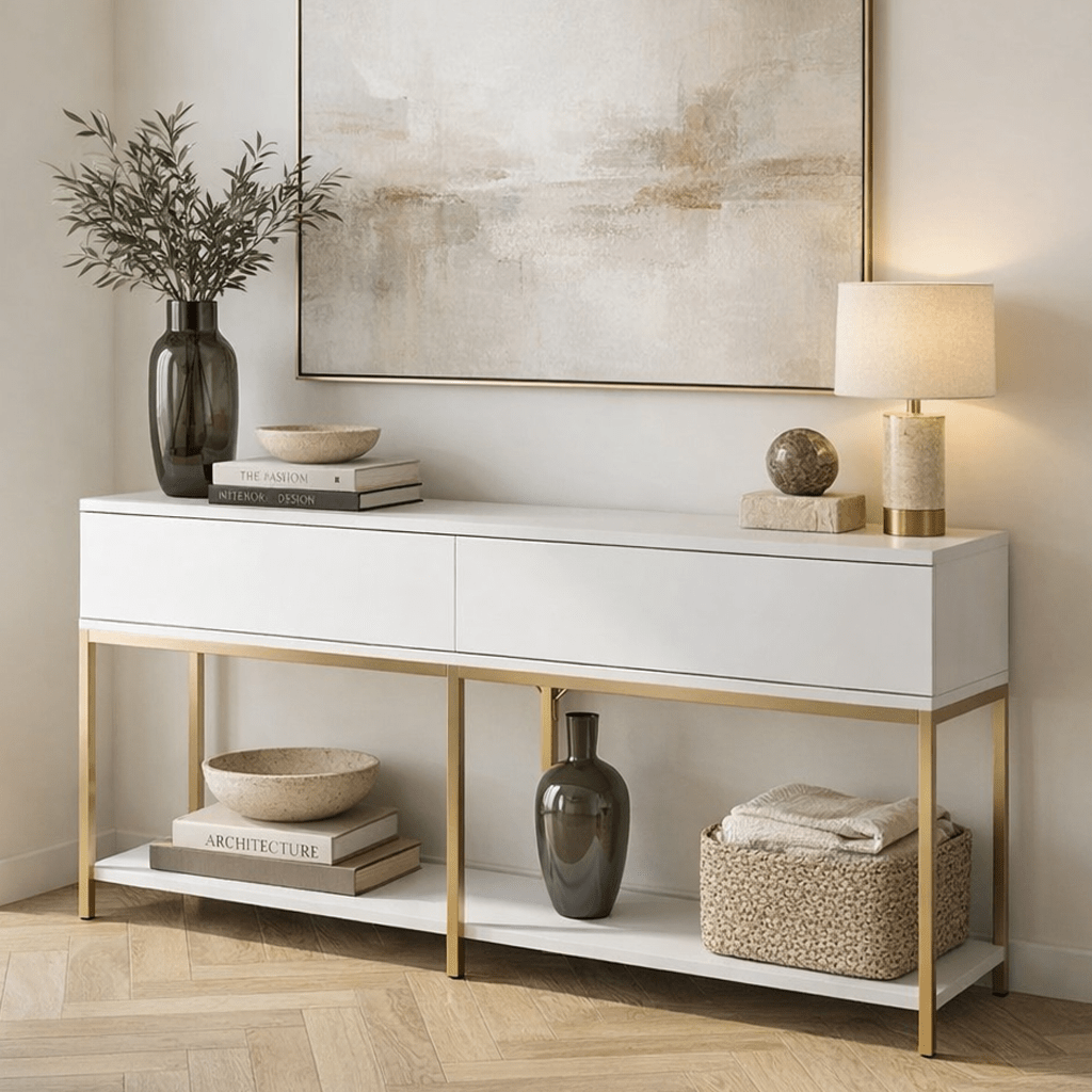 Modern Kommode White Lord 150x30x80 - Goldrahmen - Zwei Fächer