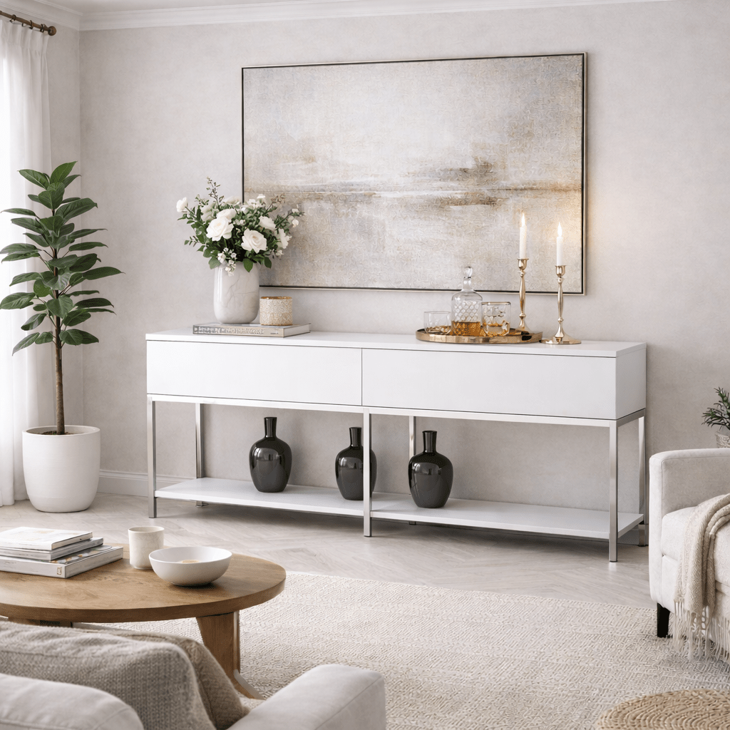 Modern Kommode White Lord 150x30x80 - Silberner Rahmen - Zwei Fächer