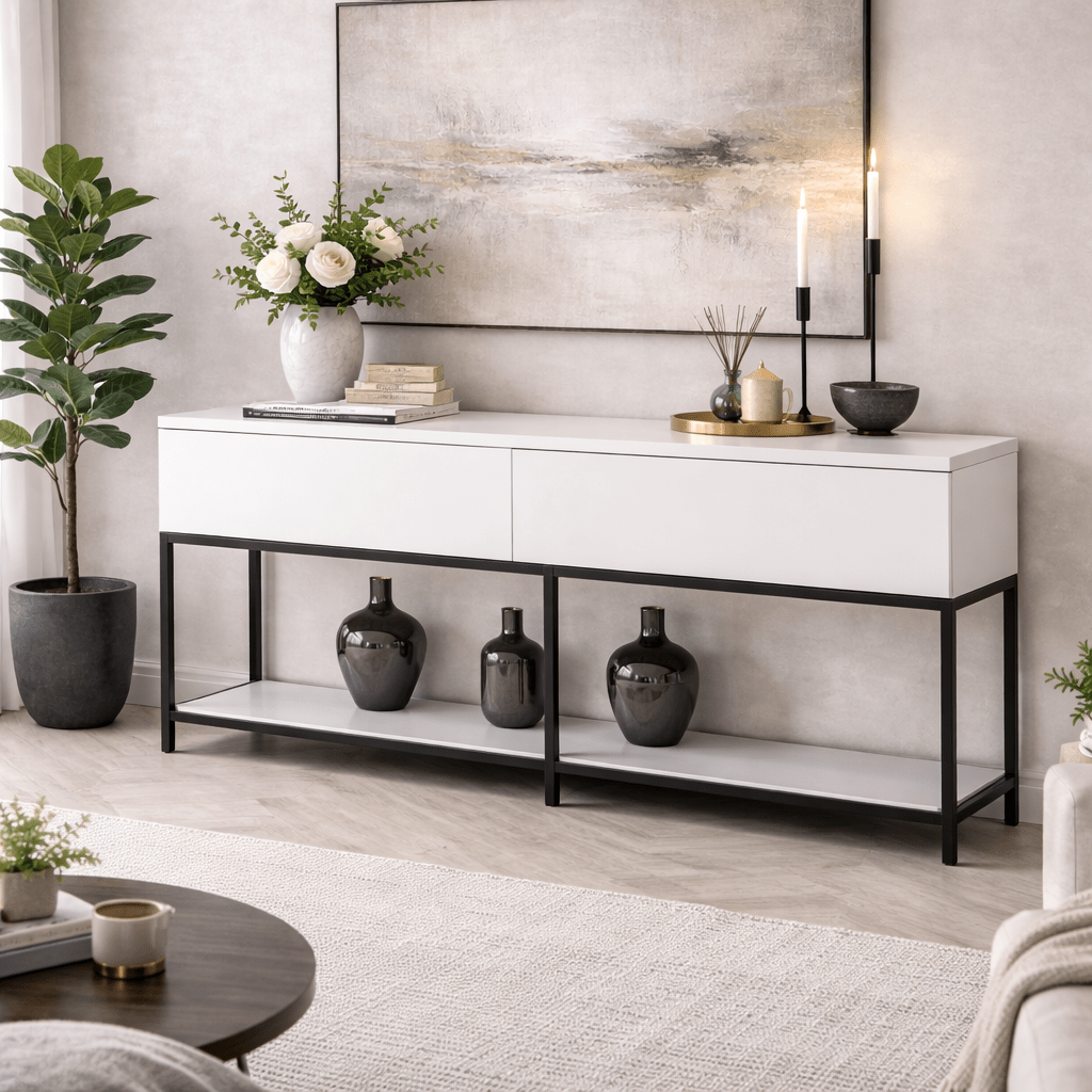 Modern Kommode White Lord 150x30x80 - Schwarzer Rahmen - Zwei Fächer