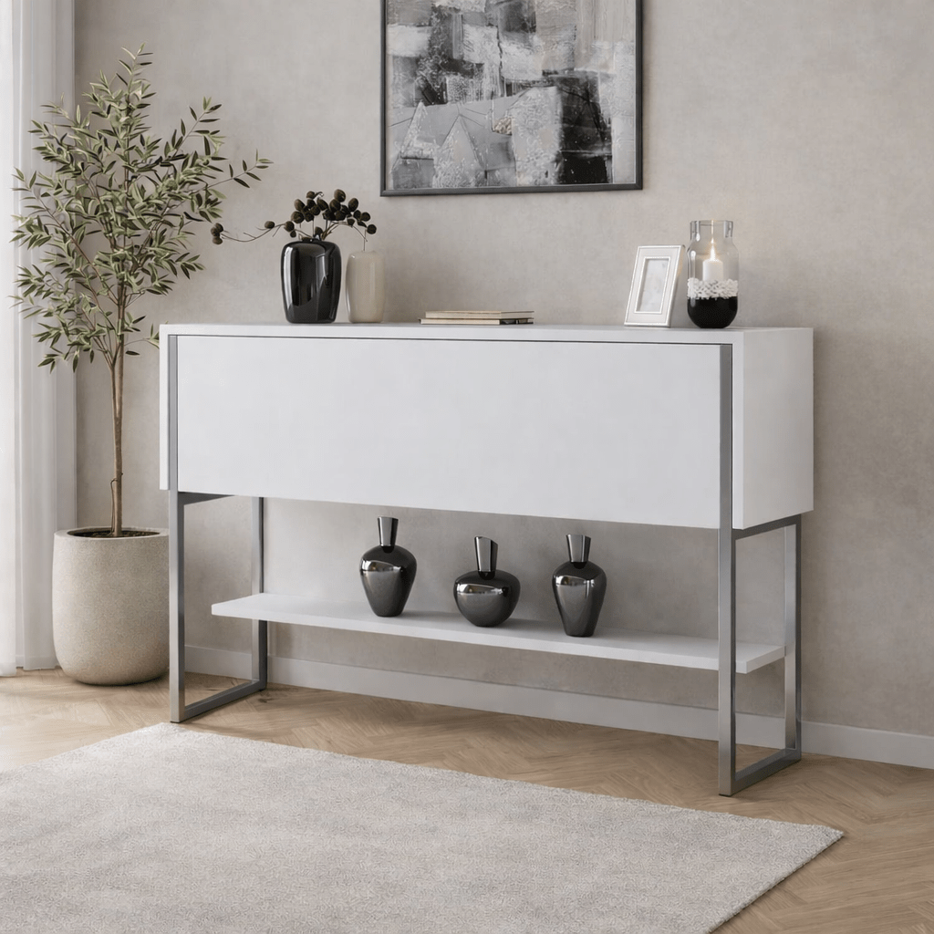 Modern Kommode Weiß Luxus 120x80x30 - Silberner Rahmen - Ein Fach