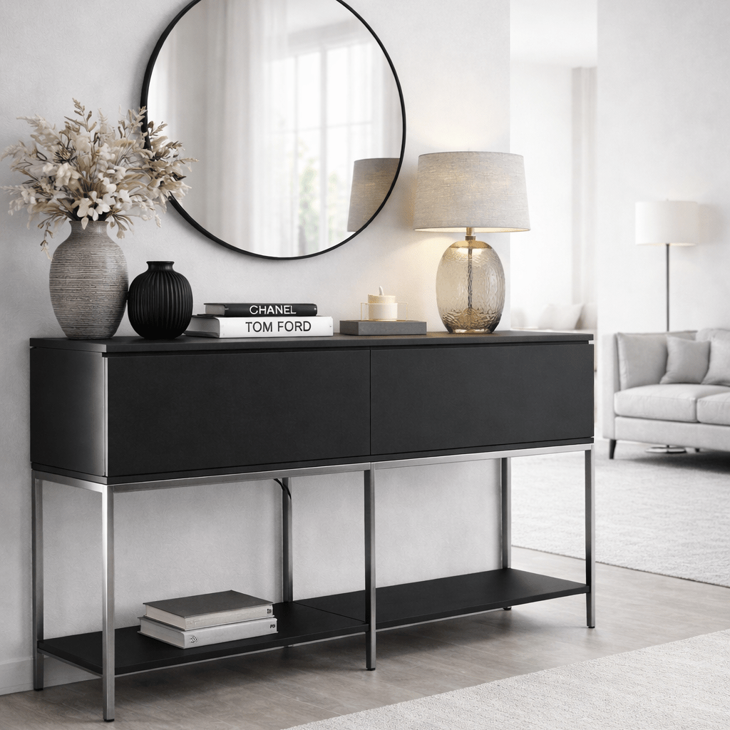 Modern Sideboard Black Lord 150x30x80 - Silberner Rahmen - Zwei Fächer
