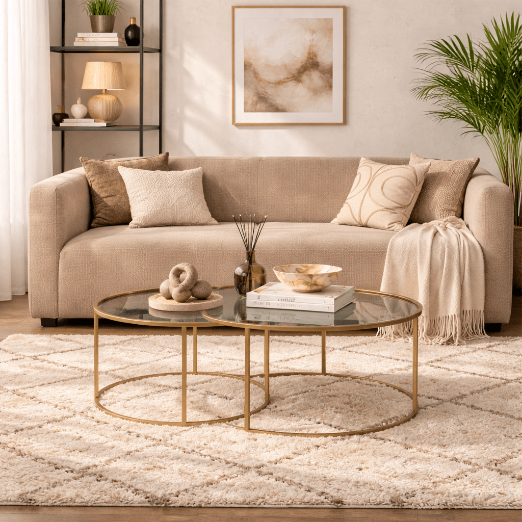 Moderne Runde Couchtisch 2er-Set Uru Gold - Bronze Glas - 80/60 cm
