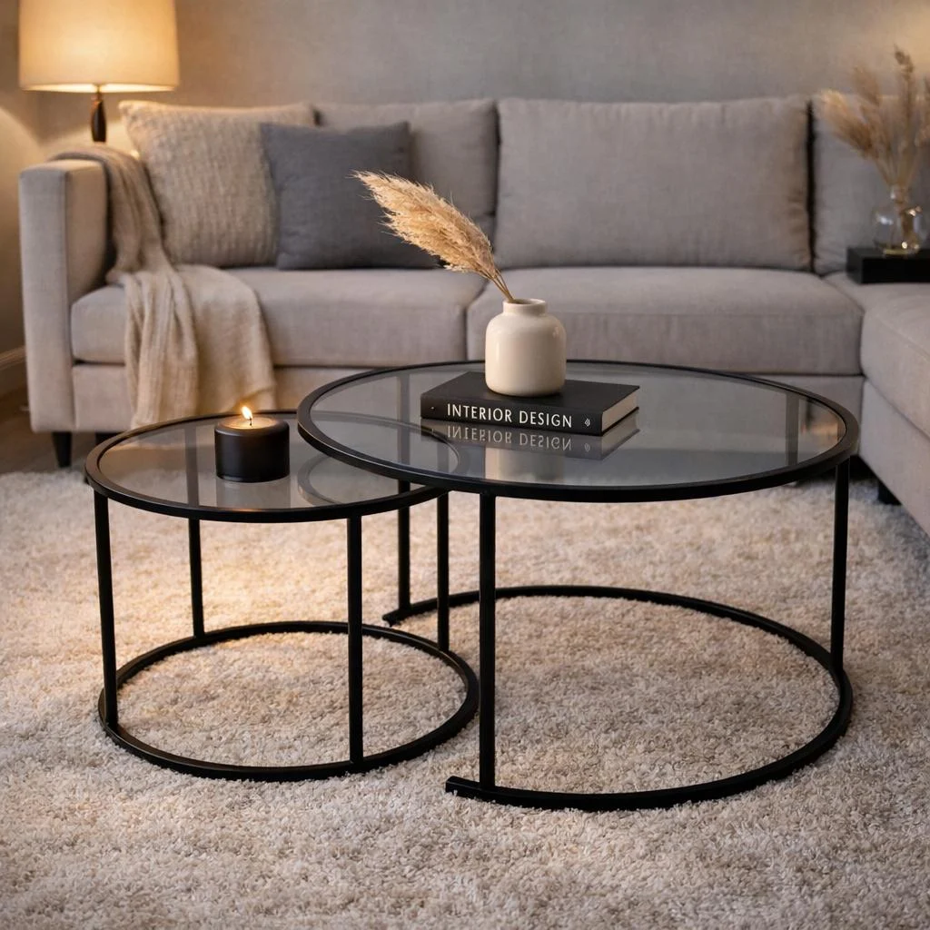 Moderne Runde Couchtisch 2er-Set Uru Schwarz - Graues Glas - 80/60 cm