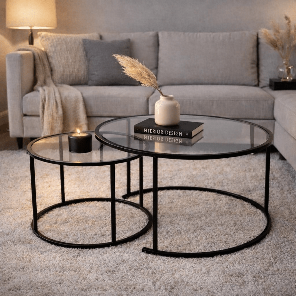 Moderne Runde Couchtisch 2er-Set Uru Schwarz - Transparentes Glas - 80/60 cm