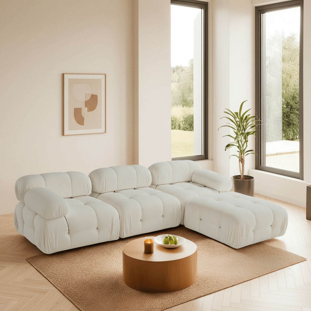 Modulares XXL-Ecksofa Bubble mit Ottomane – Bouclé-Weiß