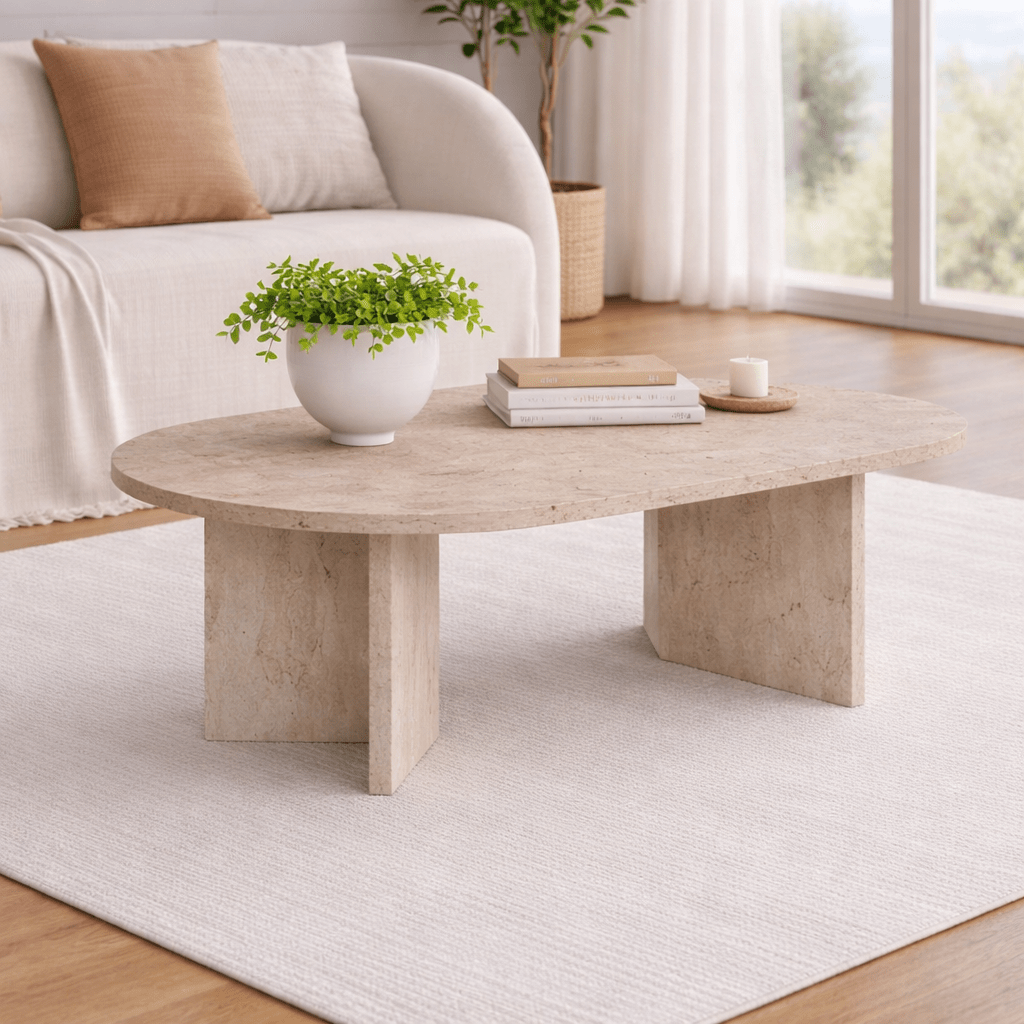 Ovaler Couchtisch aus Travertin und Melamin – Japandi – 119 x 60 cm – Sota