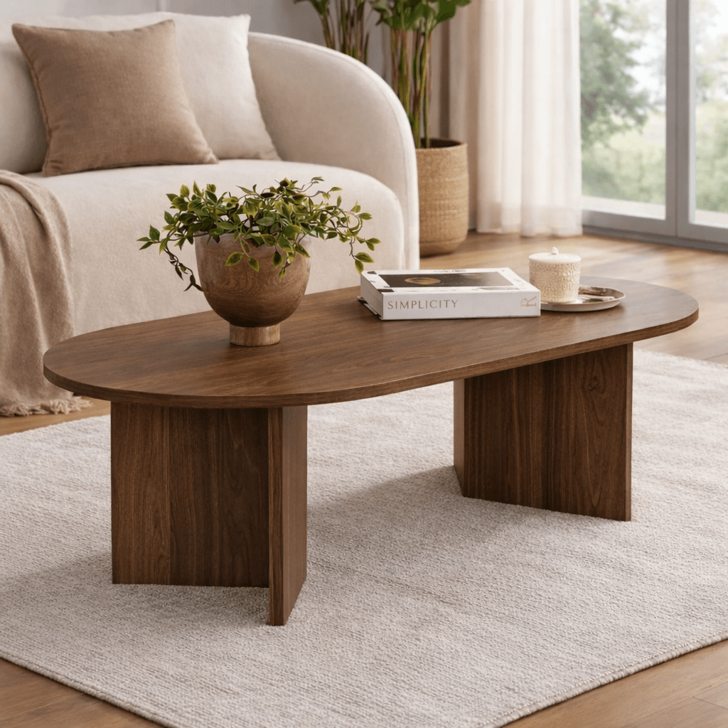 Ovaler Couchtisch aus Walnuss-Melamin – Japandi – 119 x 60 cm – Sota