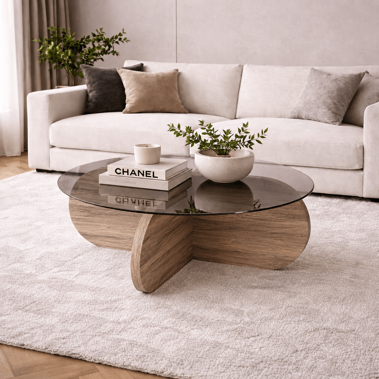 Runder Couchtisch Aris Walnuss Melamin und transparentes Glas 75 cm