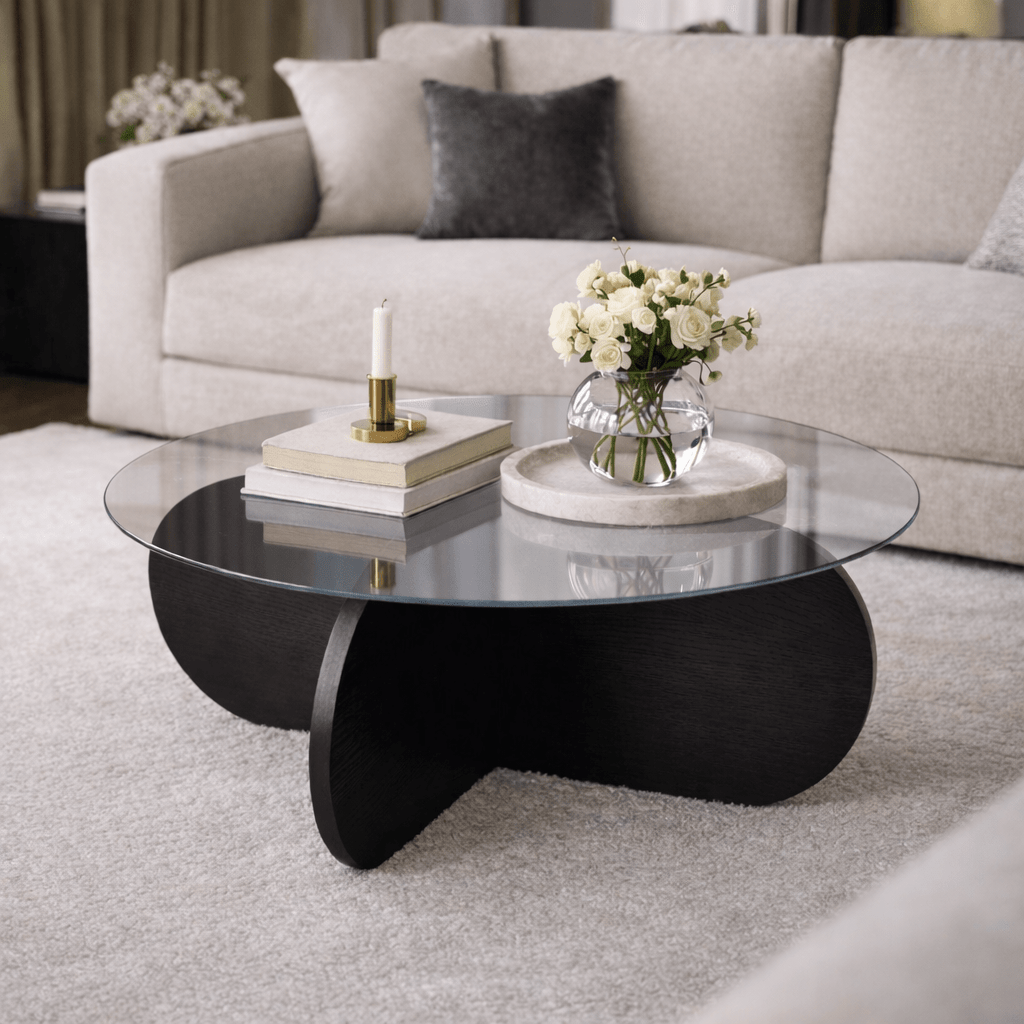 Runder Couchtisch Aris aus schwarzem Melamin und transparentem Glas, 75 cm