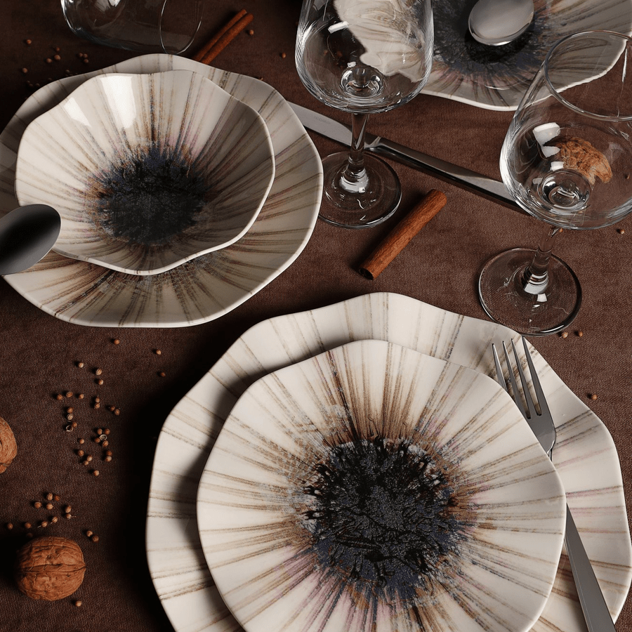 Porzellangeschirr-Set – 24-teilig – Beige mit Schwarz – Solar