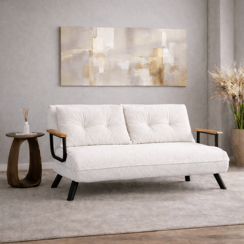 Schlafsofa Elfenbeinfarbener Bouclé-Zweisitzer – Sando
