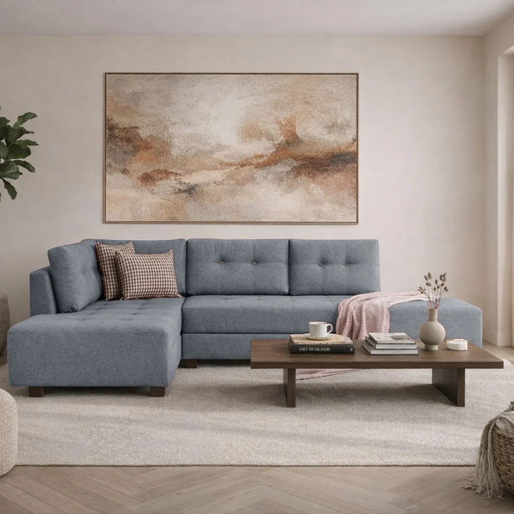 Schlafsofa Hellblauer Stoff - XL 280x206 cm - mit Rollen - Links - Manama