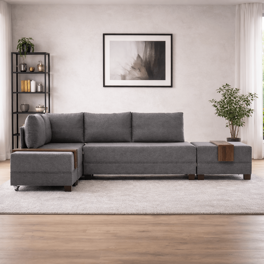 Schlafsofa taupefarbener Stoff – XXL 280 x 210 – links – Fly