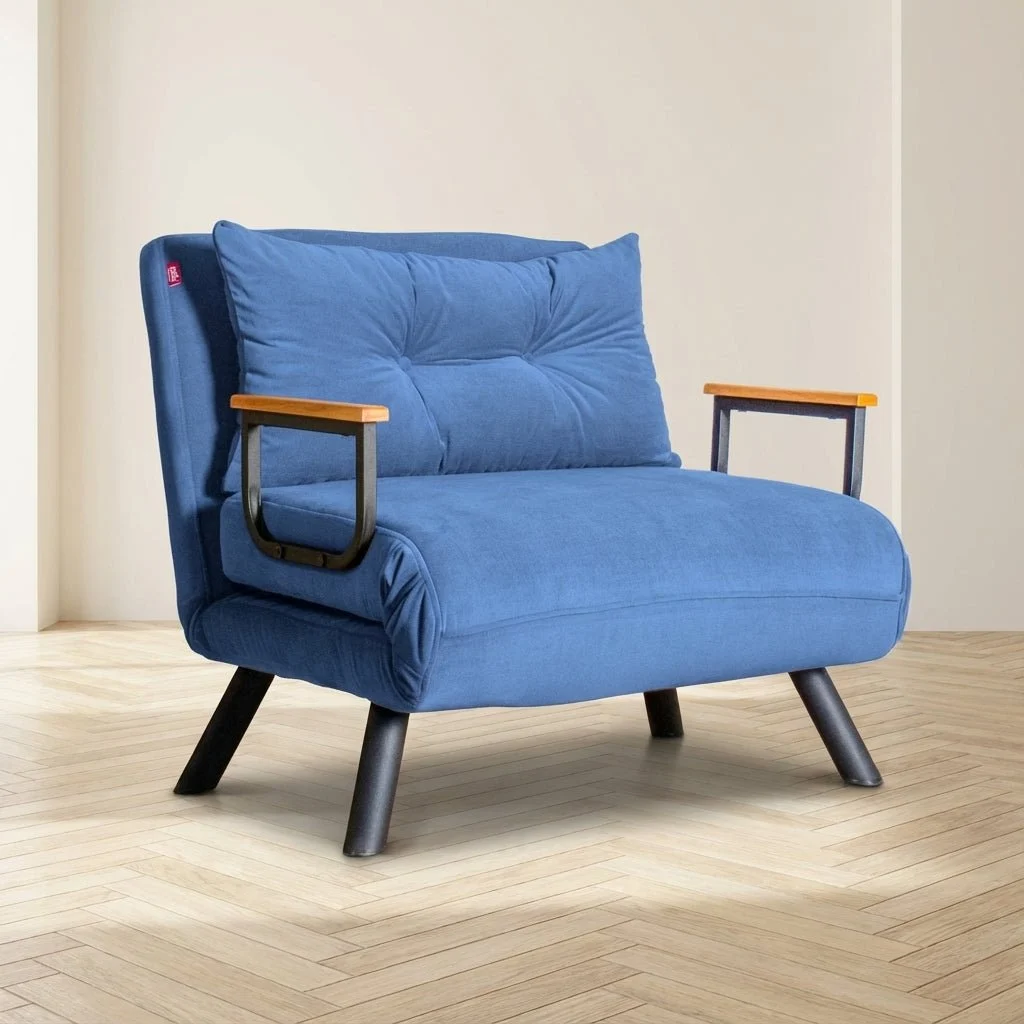 Skandinavischer Schlafsessel Sando aus blauem Stoff in Leinenoptik