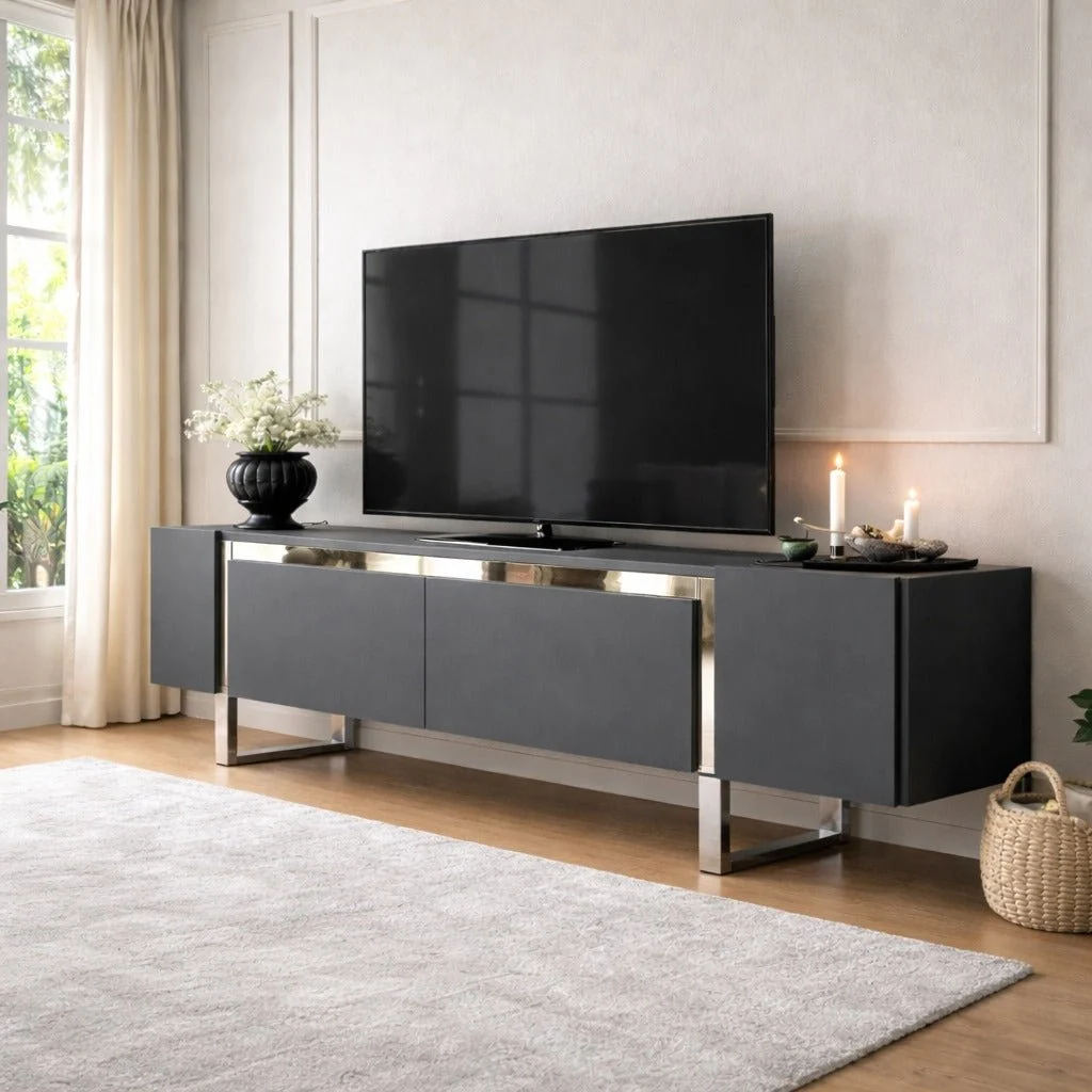 TV-Möbel Anthrazit Yildiz 180x50x30 - Silberner Rahmen