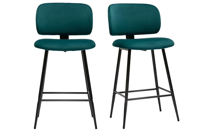 Barhocker aus petrolblauem Samtstoff und schwarzem Metall H 70 cm (2er-Set) ATRIUM