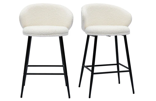 Barhocker aus Stoff mit Bouclé-Wolleffekt in Ecru und schwarzem Metall (2er-Set) ROSALIE