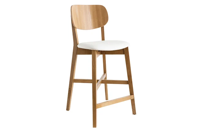 Barhocker H65 Design Eichenholz und weiße Sitzfläche H65 cm LUCIA
