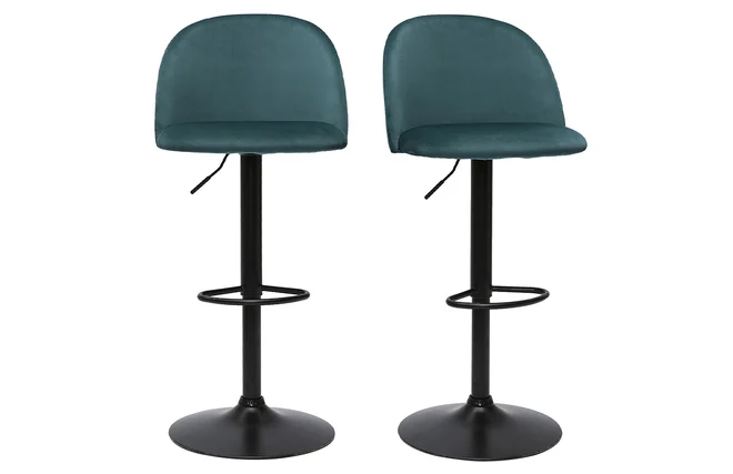 Barhocker höhenverstellbar aus petrolblauem Samt und schwarzem Metall (2er-Set) CELESTE