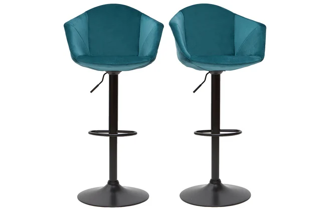 Barhocker höhenverstellbar und 360° drehbar aus petrolblauem Samt und schwarzem Metall (2er-Set) TAYA