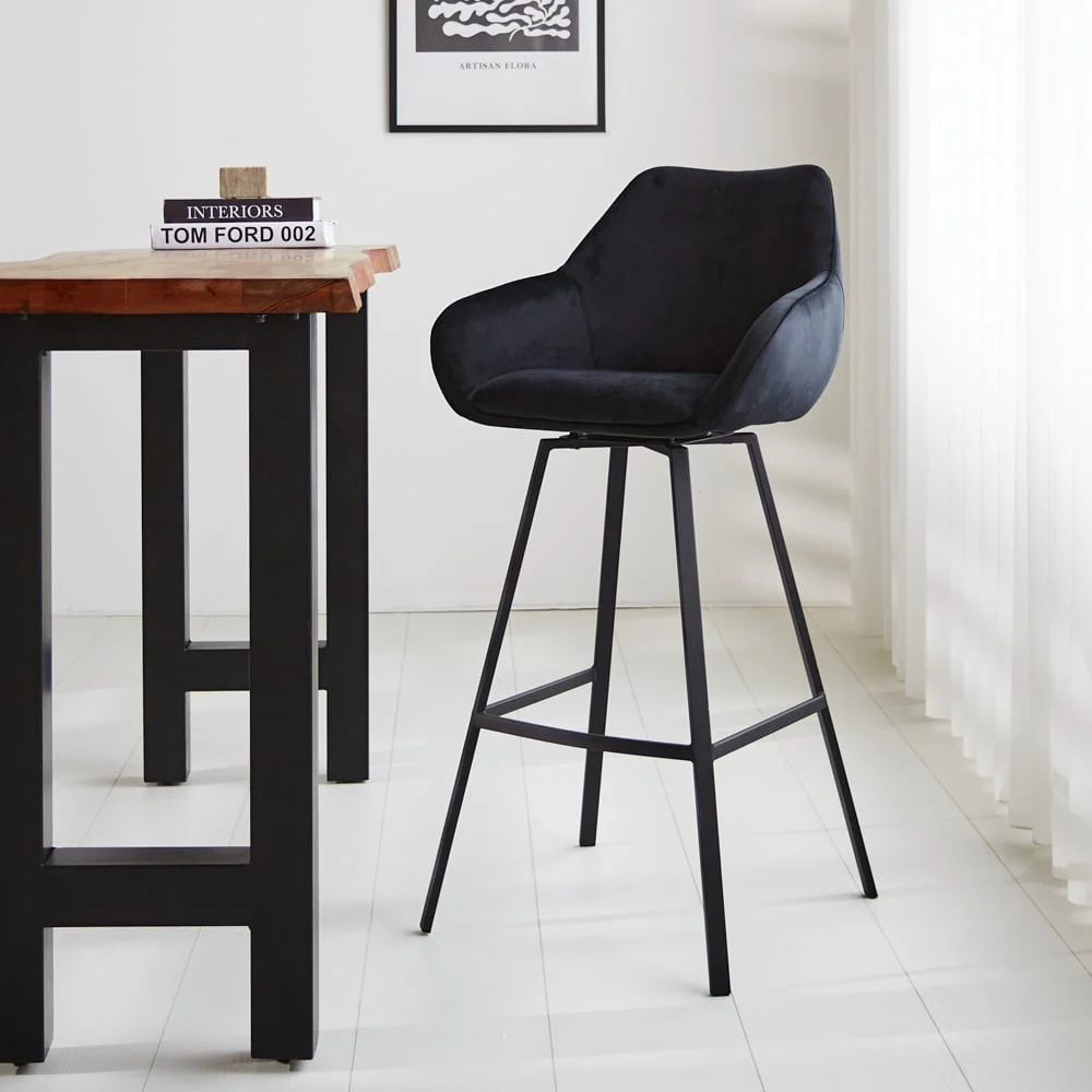 Drehbar Barhocker Schwarz Samt Elise - Mit Armlehne - Sitzhöhe 79 cm