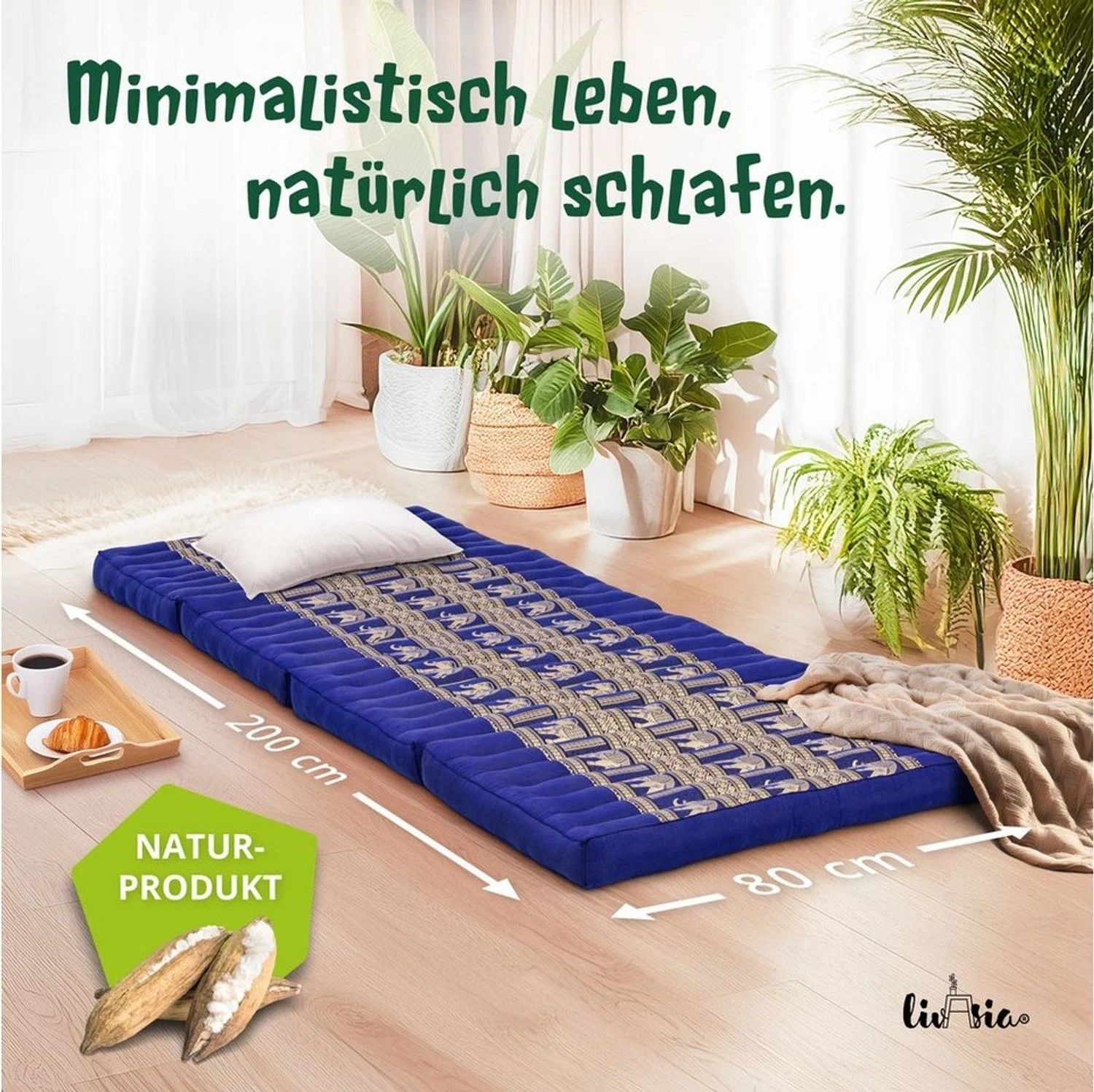 Klappmatratze Klappmatratze 80 cm (Deluxe) vegan und handgefertigt, 200x80x8cm, livasia, 8 cm hoch, Kapok