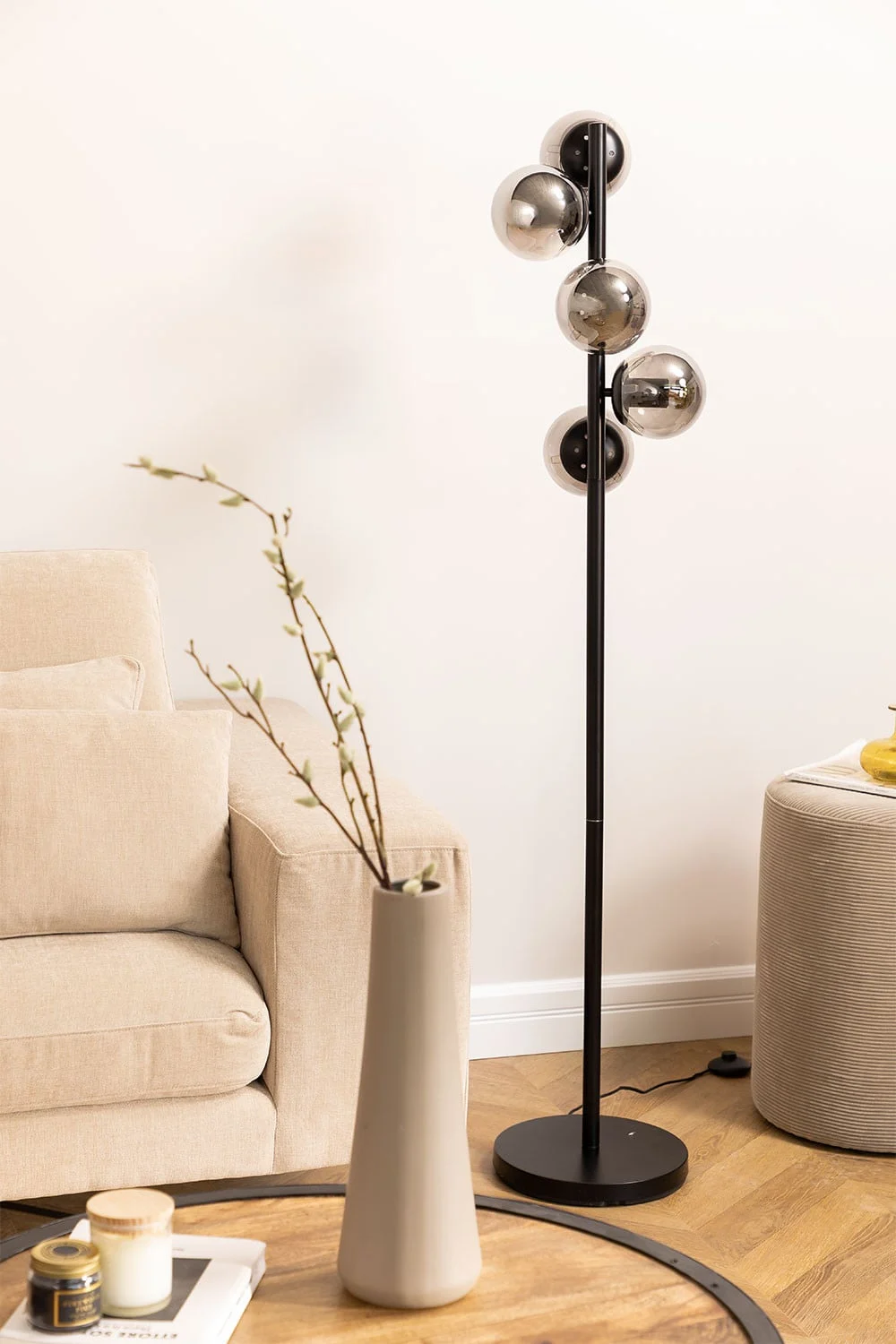 Stehlampe aus Eisen mit Kugeln aus Buble-Glas