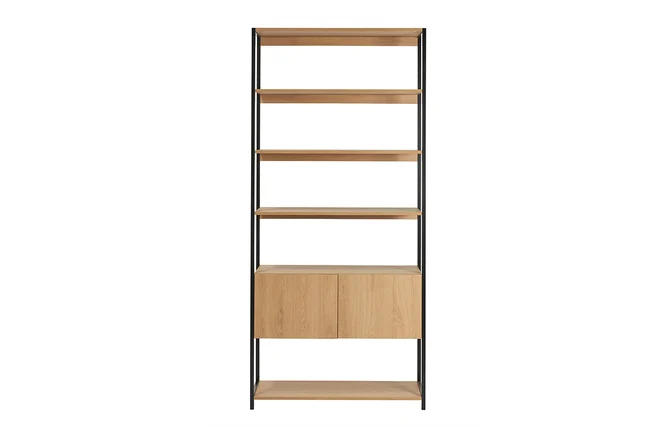 Bücherregal mit geschlossenem Stauraum in hellem Eichenholz und schwarzem Metall B94 cm FLEA